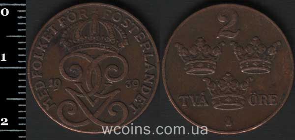 Монета Швеция 2 эре 1939