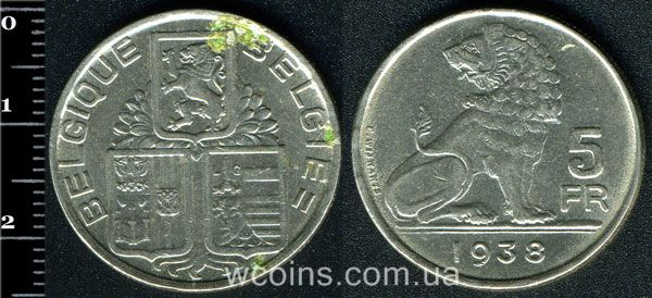 Монета Бельгия 5 франков 1938