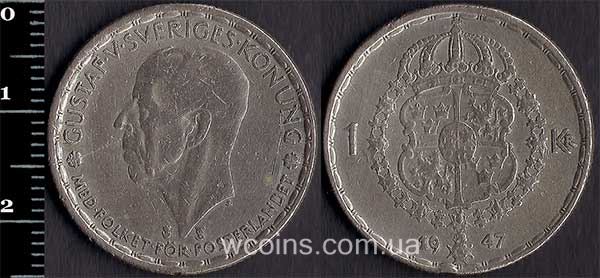 Монета Швеция 1 крона 1947