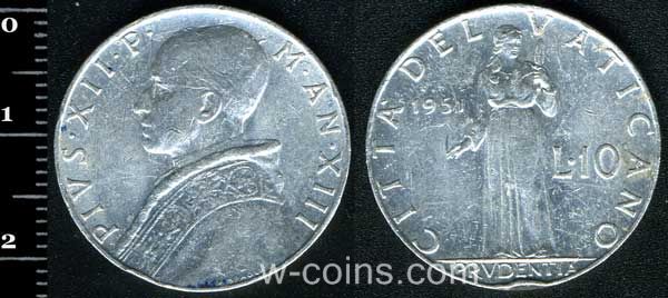 Монета Ватикан 10 лир 1951