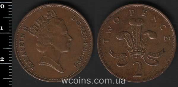 Монета Великобритания 2 пенса 1990