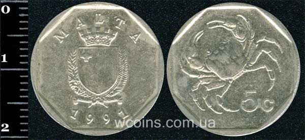 Монета Мальта 5 центов 1991
