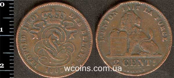 Монета Бельгия 2 сантима 1905