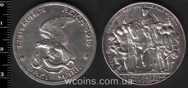 Монета Пруссия 3 марки 1913