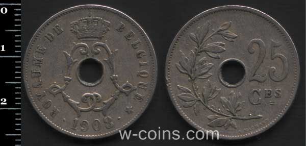 Монета Бельгия 25 сантимов 1908