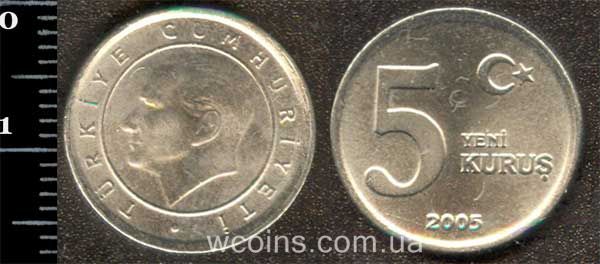 Монета Турция 5 новых куруш 2005