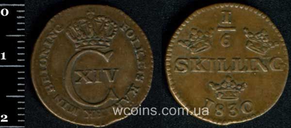 Монета Швеция 1/6 скиллинг 1830