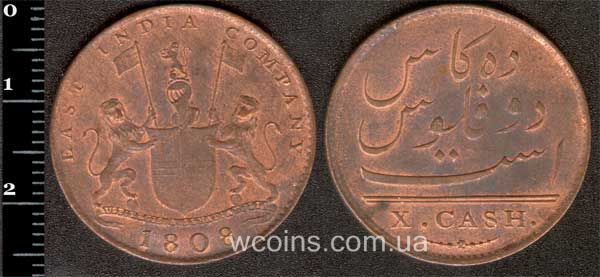 Монета Индия 10 кэш 1808