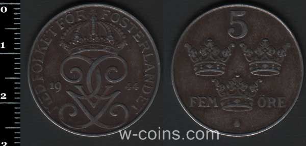 Монета Швеция 5 эре 1944