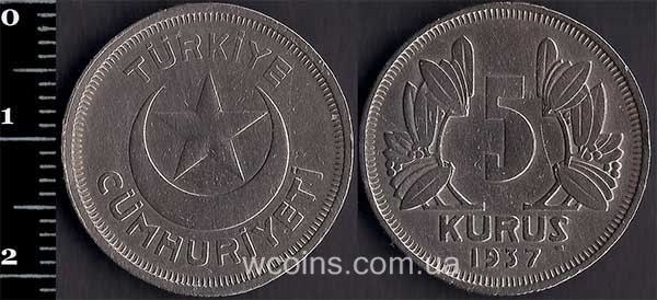 Монета Турция 5 куруш 1937