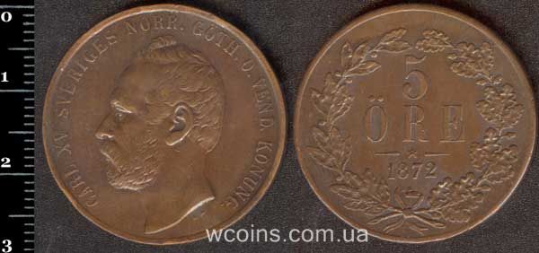 Монета Швеция 5 эре 1872