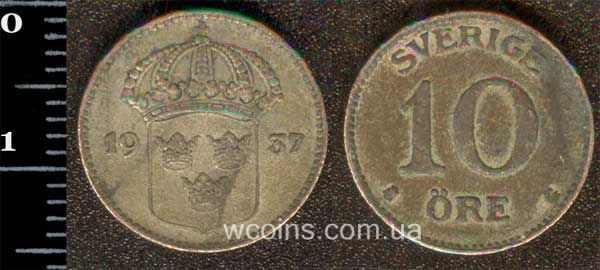 Монета Швеция 10 эре 1937