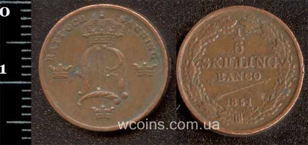 Монета Швеция 1/6 скиллинга 1851