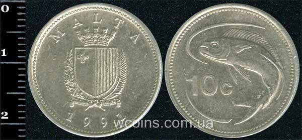 Монета Мальта 10 центов 1991