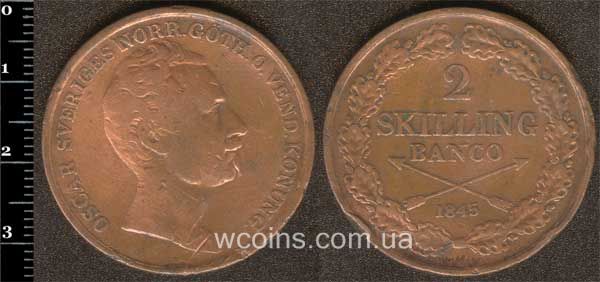 Монета Швеция 2 скиллинга 1845