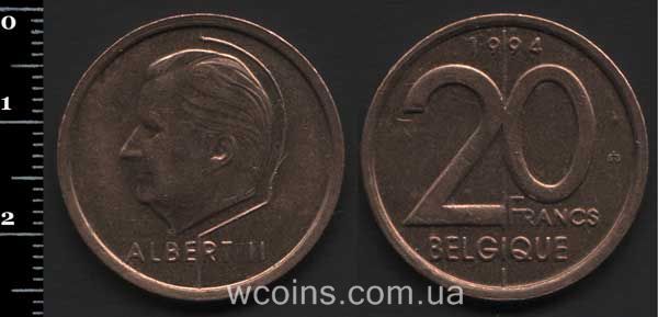 Монета Бельґія 20 франків 1994