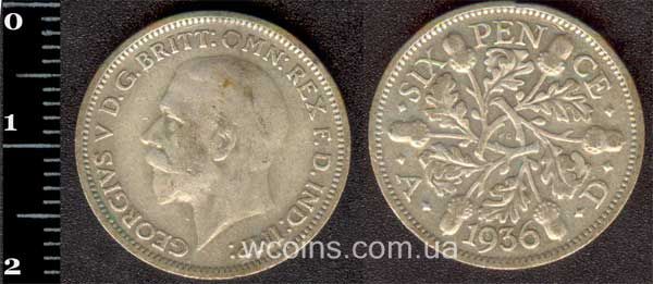 Монета Великобритания 6 пенсов 1936