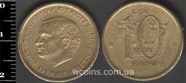 Монета Швеция 10 крон 1991