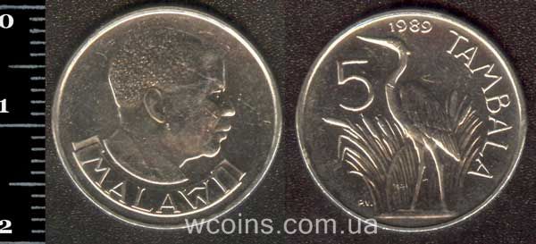 Монета Малави 5 тамбала 1989