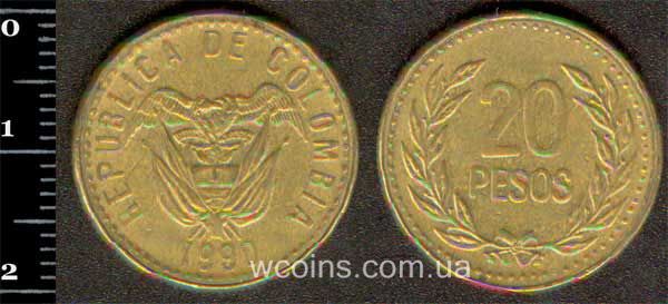 Монета Колумбия 20 песо 1990