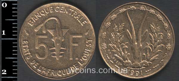 Монета Западно-Африканские Государства 5 франков 1991