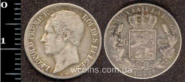 Монета Бельгия 20 сантимов 1853