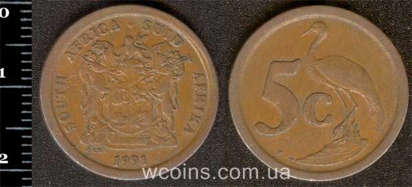Монета ЮАР 5 центов  1991